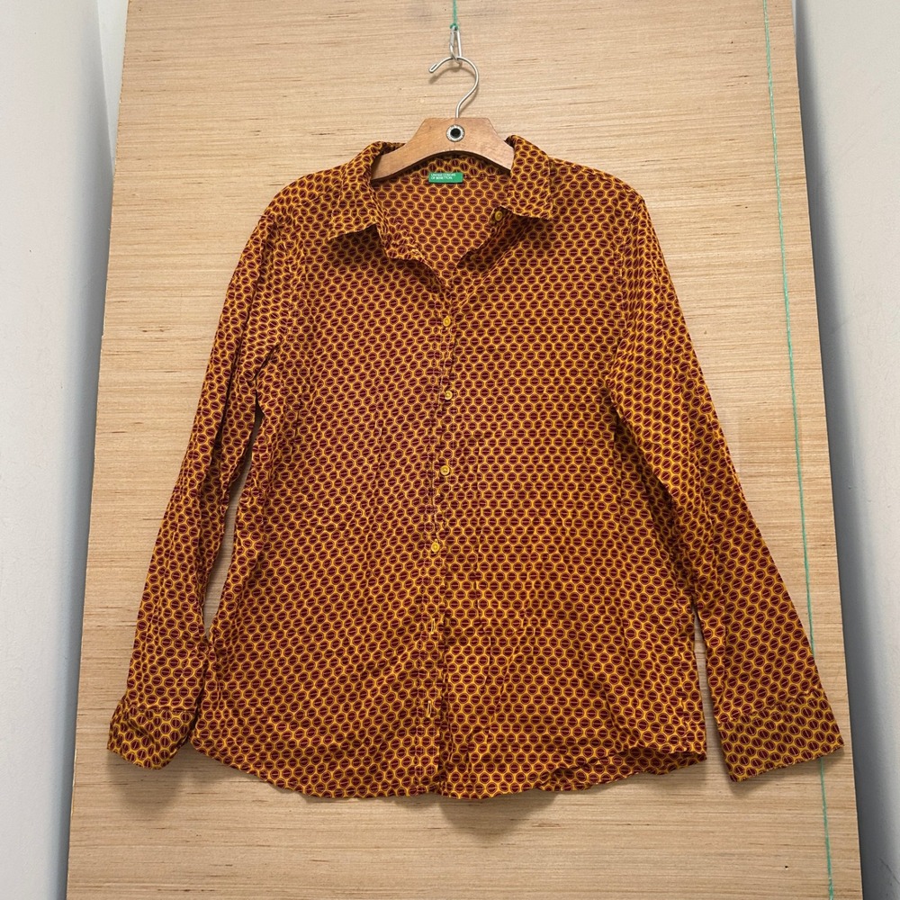 United Colors of Benetton Yellow Burgundy Geometric Print Button Down Shirt L